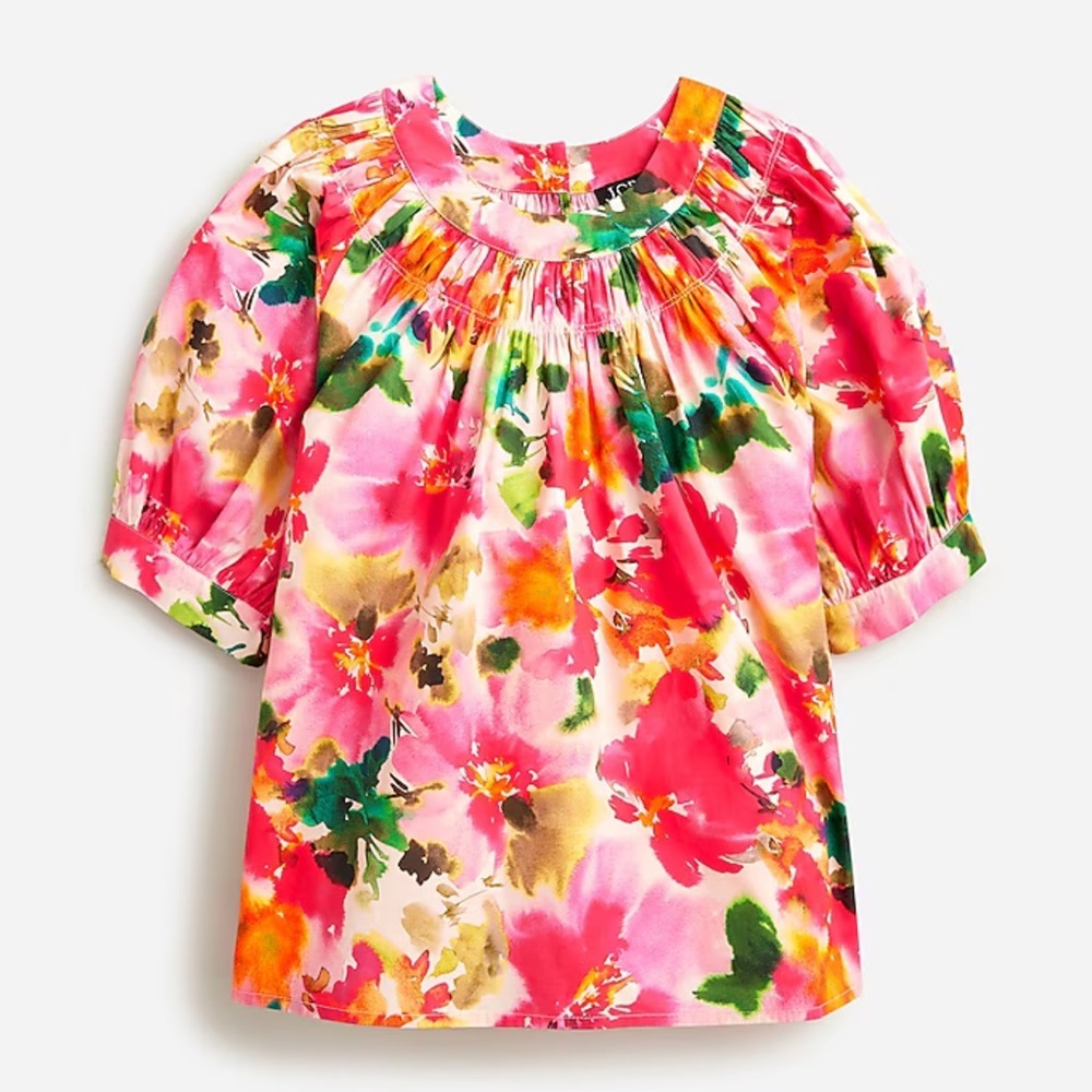 J Crew Smock neck puff sleeve top floral pink poplin Floral Multicolor Blouse